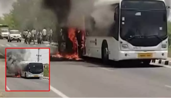 Air India bus fire on Hyderabad ORR near Pedda Amberpet with flames engulfing vehicle