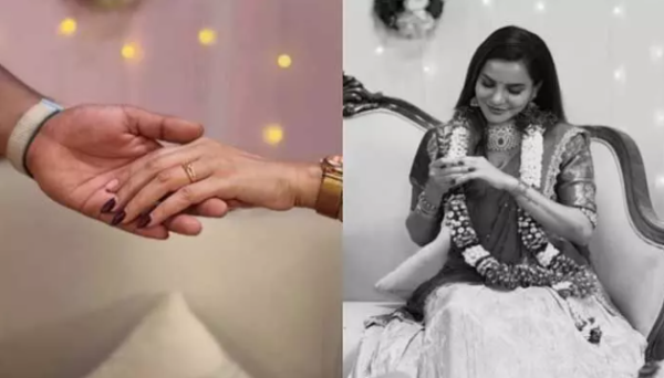 Ashu Reddy engagement photos showing the actress wearing a ring