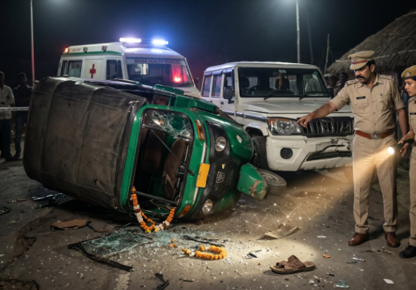 Chapra Scorpio accident scene where three villagers died after SUV hit auto