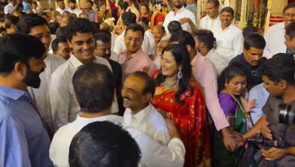 KTR and Etela Rajender warmly greet each other during a wedding event in Hyderabad