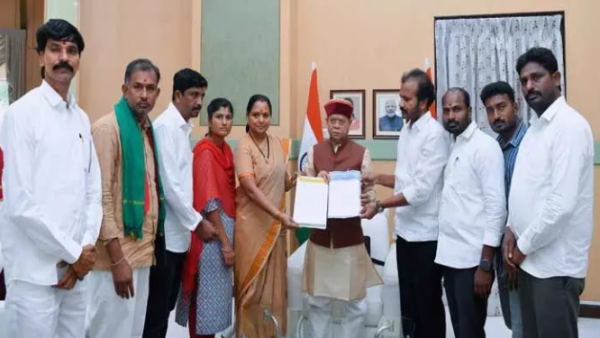 Kavitha criticizing CM Revanth Reddy after meeting Telangana Governor over land issues