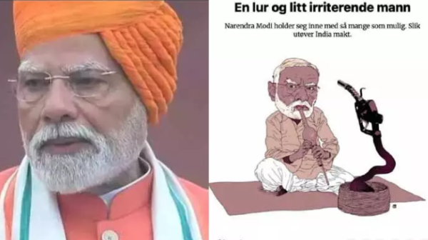 Modi Cartoon Snake Charmer published in Norwegian newspaper showing Narendra Modi as a snake charmer.
