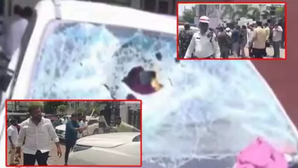 Political tensions in Karimnagar as BJP workers attack Padi Kaushik Reddy car during protest