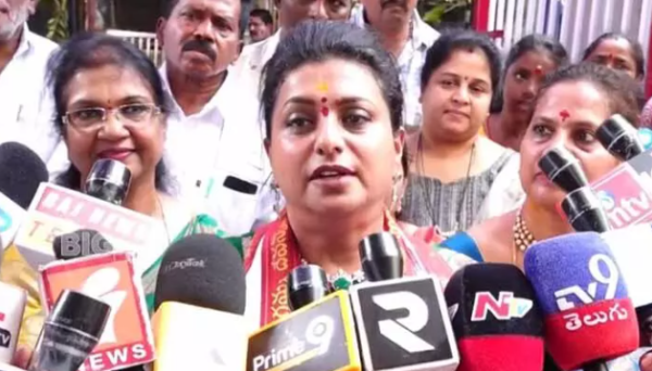 ROJA speaking at press meet accusing Chandrababu Naidu of benami property looting in Andhra Pradesh politics