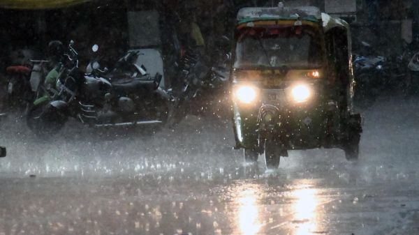 Storm rain and hailstorm in Bihar with dark clouds and lightning