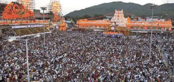 Tirumala devotee rush at Tirupati temple with long Sarva Darshan queues