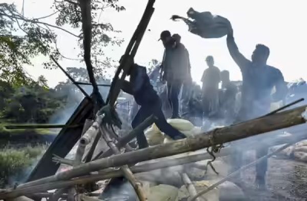 Security forces inspecting blast site in Manipur’s Bishnupur district after explosion incident