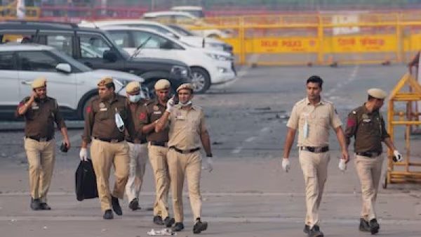 Delhi Police officers securing the area after an encounter in Dwarka