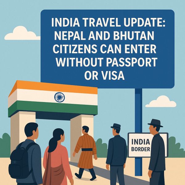 Illustration of India border crossing with Nepal and Bhutan citizens entering without passport or visa, symbolizing new travel rule.