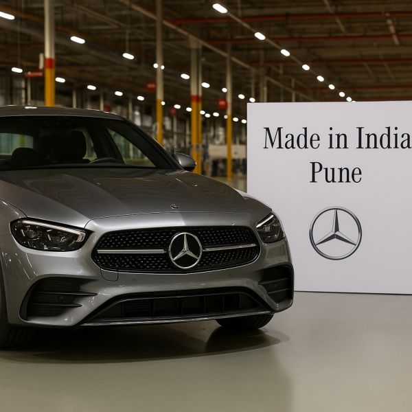 Mercedes-Benz luxury car at the Pune facility, symbolizing export-oriented “Made in India” production.